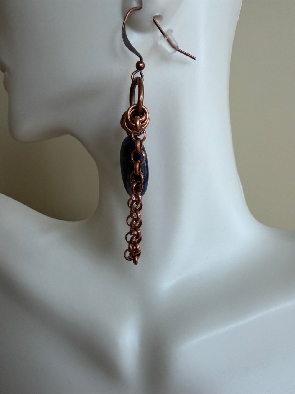HAND CRAFTED LAPIS LAZULI & COPPER CHAIN DANGLE EARRINGS Boho Gemstone Jewelry - Picture 5 of 9